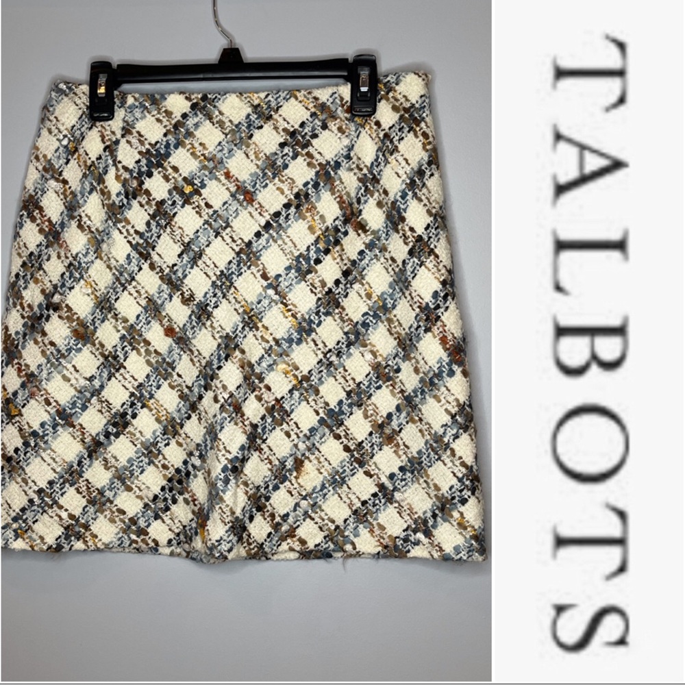Talbots Cream and Brown Plaid Midi Skirt